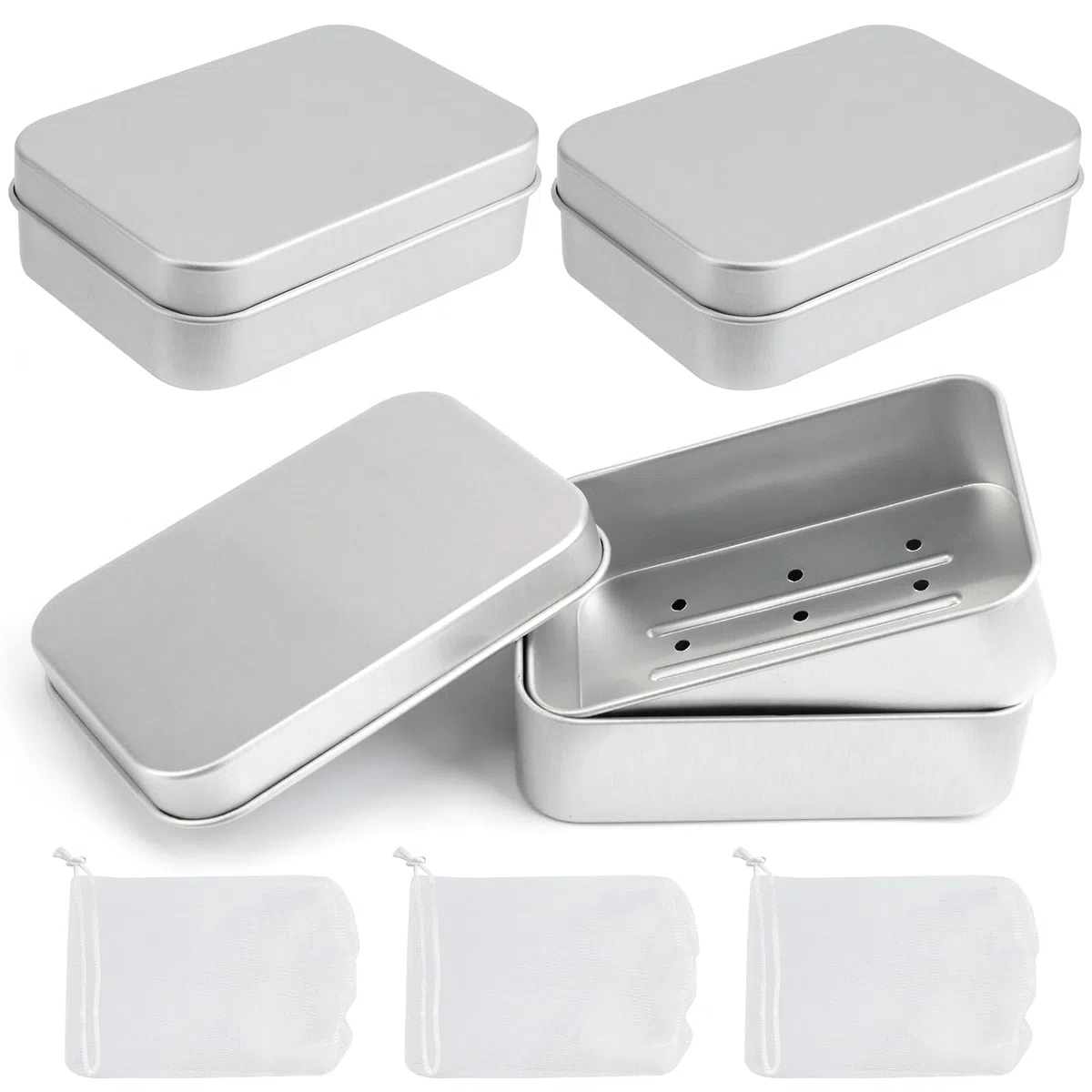 Jabonera de Aluminio 3Pcs Jaboneras de Viaje con Rejilla de Desagüe y Tapa, Caja de Jabón Metalica para Champu Solido, Jabonera Hermetica Portatil Multifuncional + 3 Bolsas de Jabón para Espumar