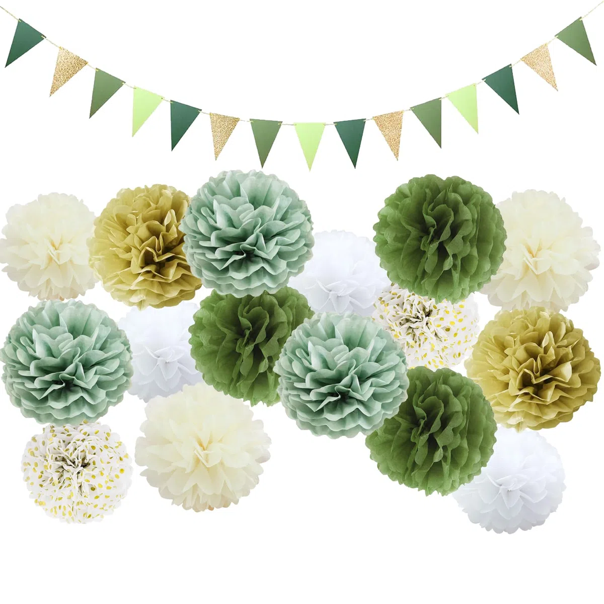 TYXHXTF 16Pcs Pompones de Papel Verde Salvia, Pompons Papier de Soie, Banderitas Decorativas, Flores de Papel Decoracion para Boda, Bautizo Niña Niño, Fête d'Anniversaire