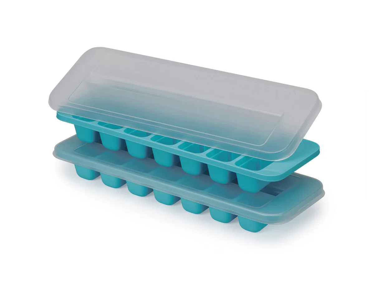 Joseph Joseph Flow, Bandeja de cubitos de hielo fácil de llenar con tapa, apilable, gran capacidad de 14 cubos (paquete de 2)