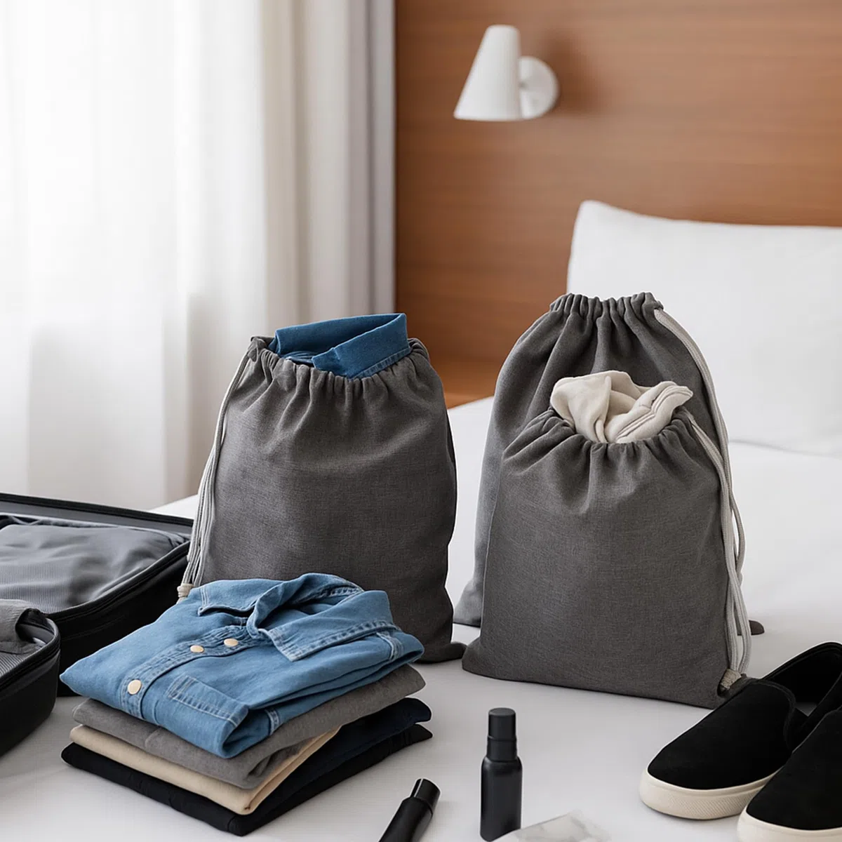 Bigso Box of Sweden Juego de dos 2 bolsas para ropa – Bolsa de viaje de poliéster para la maleta –Ligero saco de tela para guardar ropa sucia, zapatos, etc. – gris