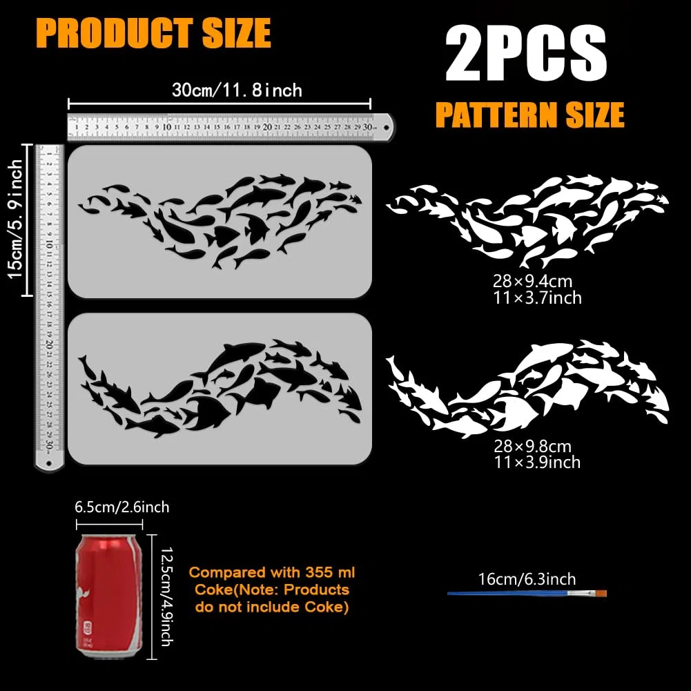 FINGERINSPIRE 2 piezas de peces para colorear con pincel, 15 x 30 cm, siluetas de peces, modelo para colorear, con motivo de animales marinos, varios stencils