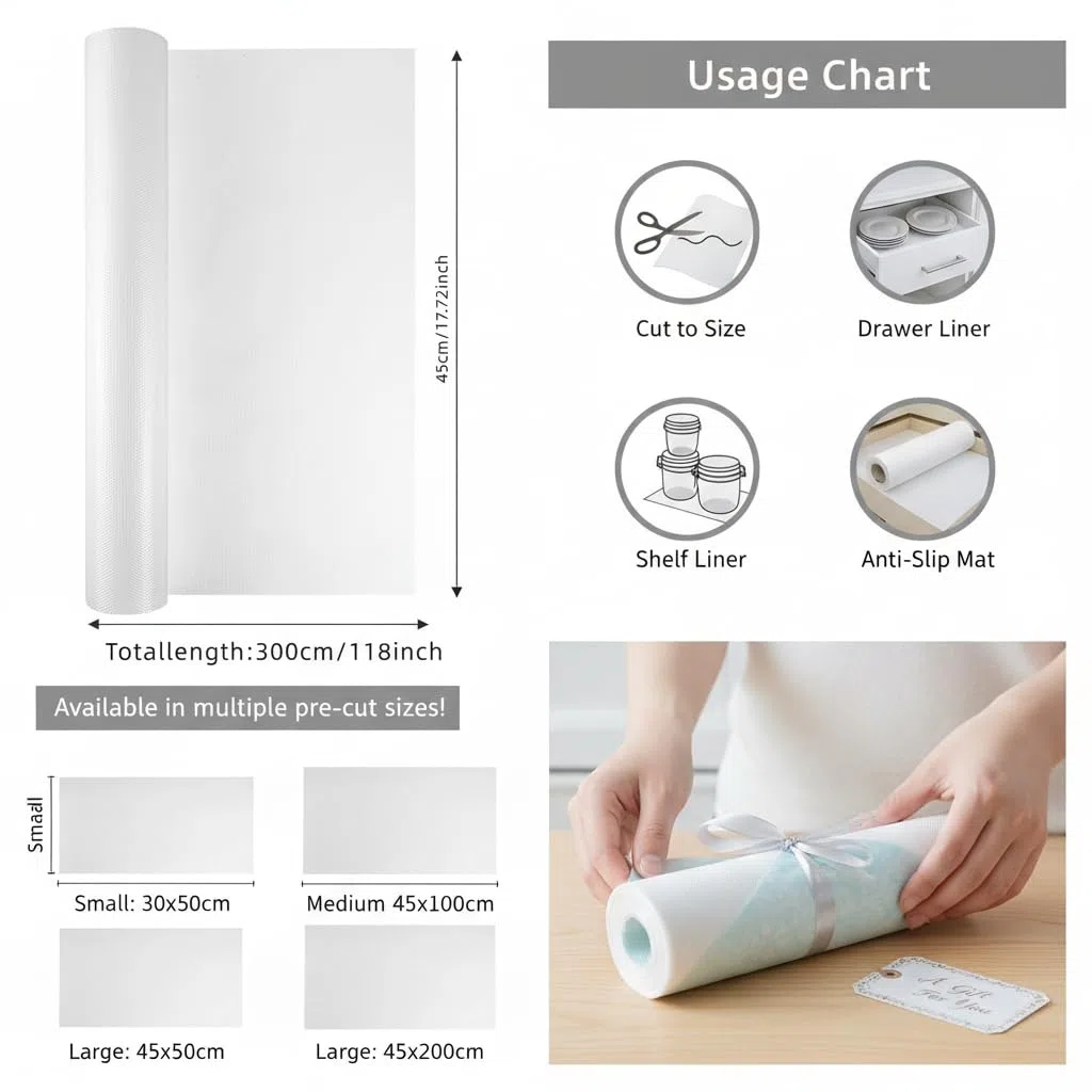 1 rollo de forro de cajón de EVA antideslizante, 300 cm x 45 cm, malla transparente con textura