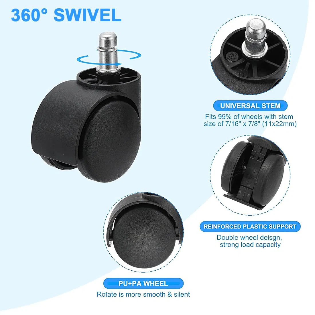 Juego de 5 Ruedas para Sillas de Oficina 11 mm x 22 mm,Goma Suaves y Silencioso 360 Grados Rotación,para Silla Oficina,Gaming, Diseño de Rueda Doble,Fácil Instalación Sin Herramientas