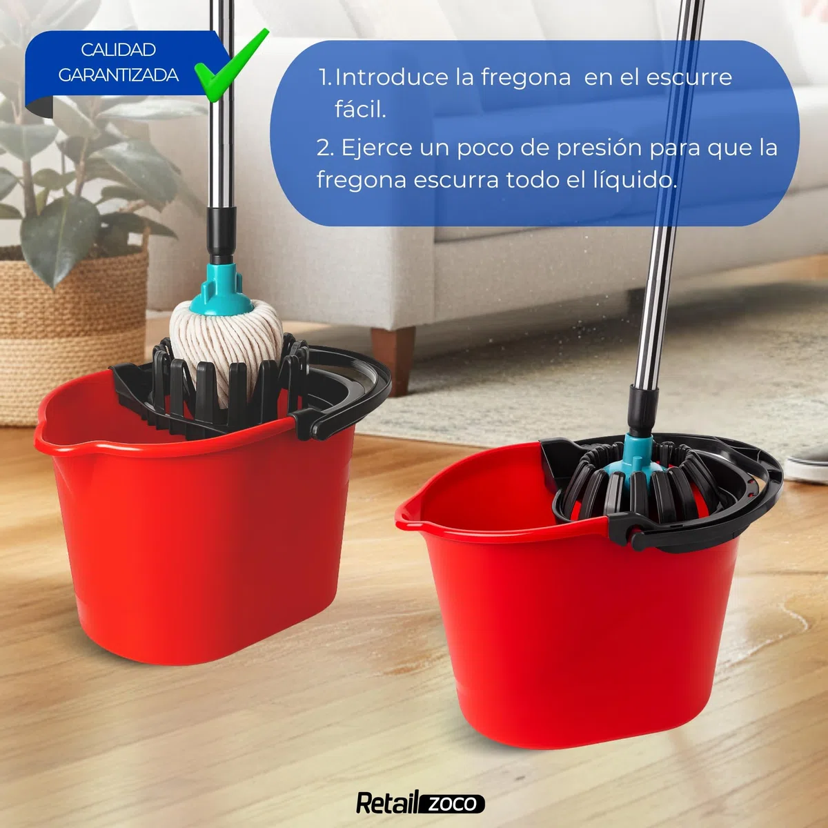 Cubo Fregona Escurrefacil, Cubo para Fregar, Cubo de Limpieza, 31,5 cm Altura x 29 cm Fondo, escurrido de la fregona mínimo Esfuerzo, Capacidad 14 litros, Plástico PP5, Rojo y Negro