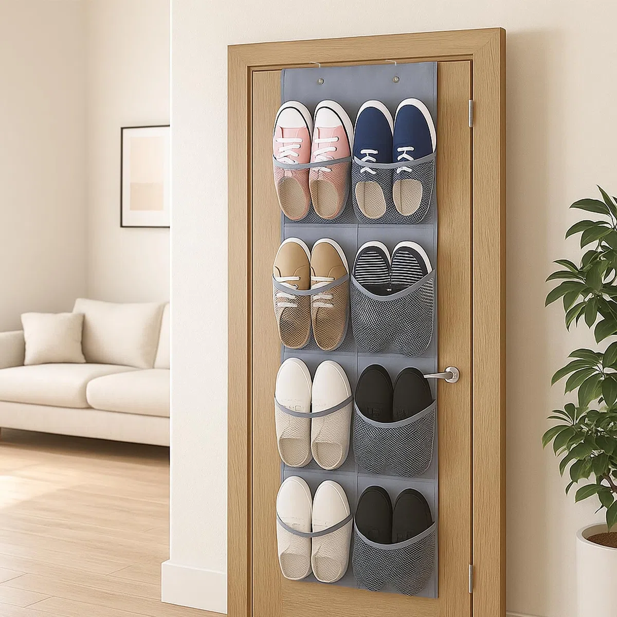 Zapatero de Puerta con 6 Bolsillos y Dos Ganchos Sin Dejar Rastro Zapatero Puerta con Bolsas de Malla para montar en la Pared Ahorra Espacio para Autocaravanas Armarios y Salas de Estar (Gris)