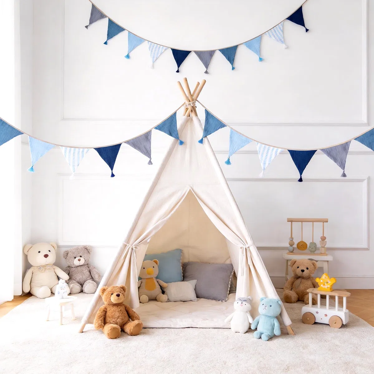G2PLUS 2.6m Guirnalda de Banderines Infantiles:Guirnaldas de Tela Azul y Gris con Borlas,diseño Rayas Verticales para Decoraciones de guarderías y Bricolaje,Baby Showers,cumpleaños,bautizos
