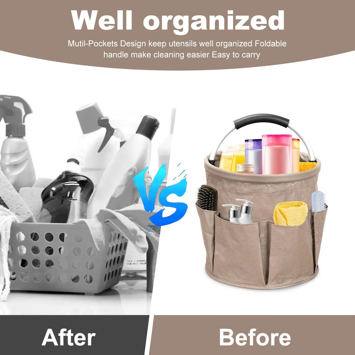 BigKing Bolsa de almacenamiento plegable para cubo de limpieza, cesta de almacenamiento de limpieza plegable de tela Oxford, con 6 bolsillos exteriores para la limpieza, accesorios de limpieza del