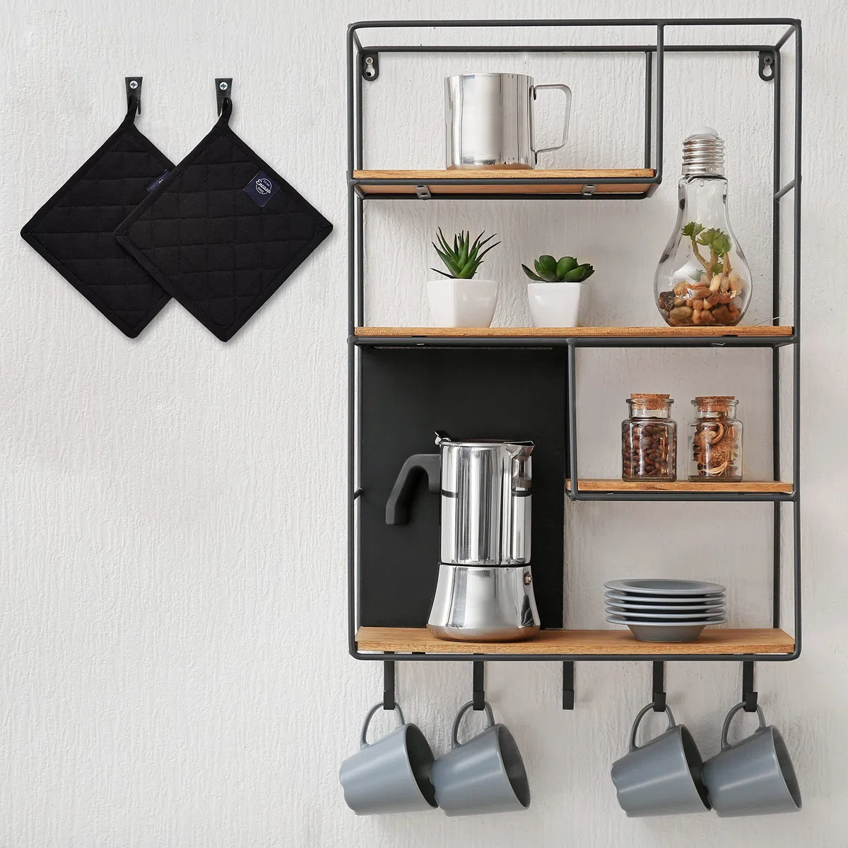 Encasa XO Soporte para ollas de algodón Resistente al Calor con Lazo para Colgar - Juego de 2 - Negro Completo - Almohadilla Caliente Acolchada Multiusos para Uso Diario en la Cocina - 21 cm