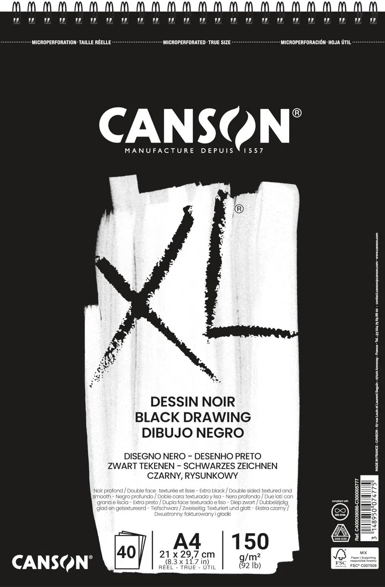 Canson XL, Papel de dibujo negro, Doble cara: Granulada y lisa, 150g, Espiralados sobre el lado corto, A4-21x29,7cm, Negro, 40 hojas