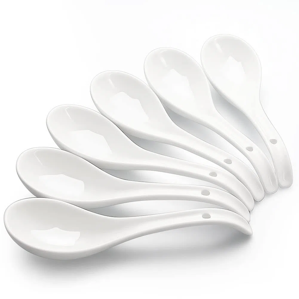 AOOSY cucharas de sopa, 6.75 pulgadas de cerámica cucharas de sopa china, cucharas de sopa asiática, blanco brillante cuchara japonesa grande para Ramen Pho Cereal, Juego de 6 (Blanco)