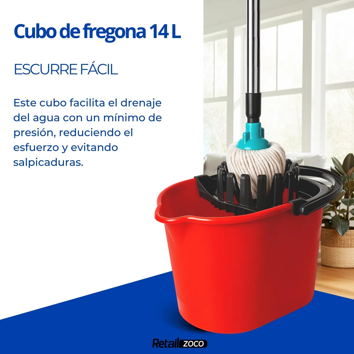 Cubo Fregona Escurrefacil, Cubo para Fregar, Cubo de Limpieza, 31,5 cm Altura x 29 cm Fondo, escurrido de la fregona mínimo Esfuerzo, Capacidad 14 litros, Plástico PP5, Rojo y Negro