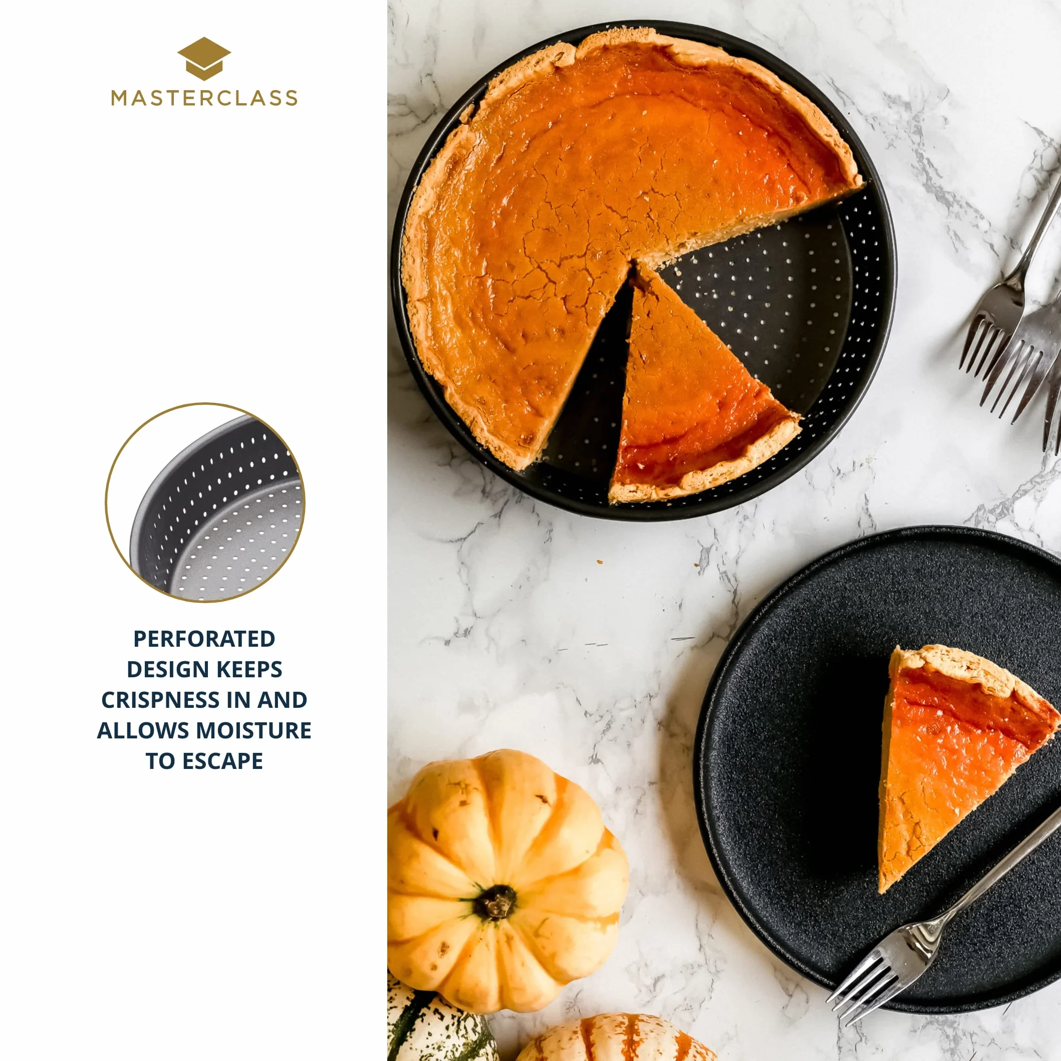 MasterClass Crusty Bake Plato perforado para tartas de 23 cm de profundidad sin PTFE, PFOA ni BPA, resistente acero al carbono de 1 mm de grosor, molde redondo de 9 pulgadas, gris