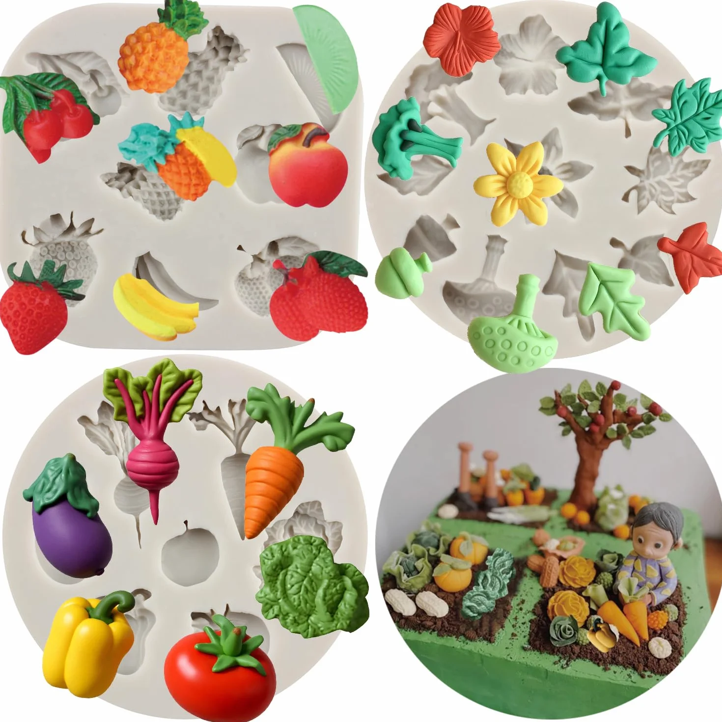 3 moldes de silicona para verduras, frutas y otros ingredientes, incluyendo fresas, piña, fondant, cupcakes, pasteles, dulces, chocolate, pasta de goma y arcilla