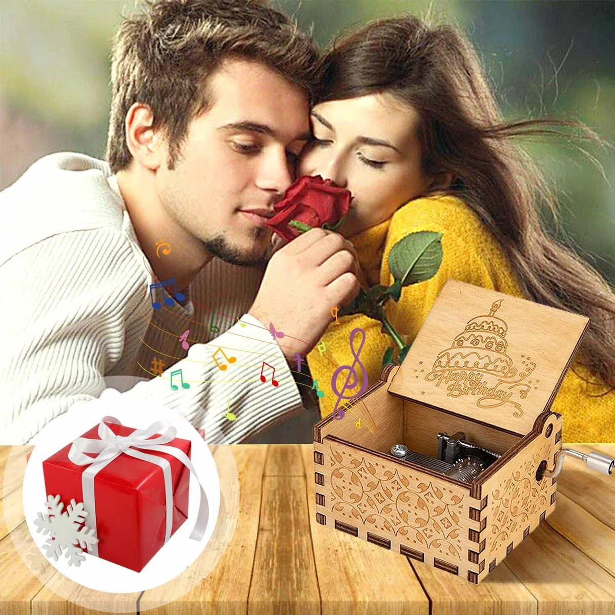 Caja de música con manivela de madera, tallada a mano, regalo de cumpleaños, Navidad, San Valentín, feliz cumpleaños