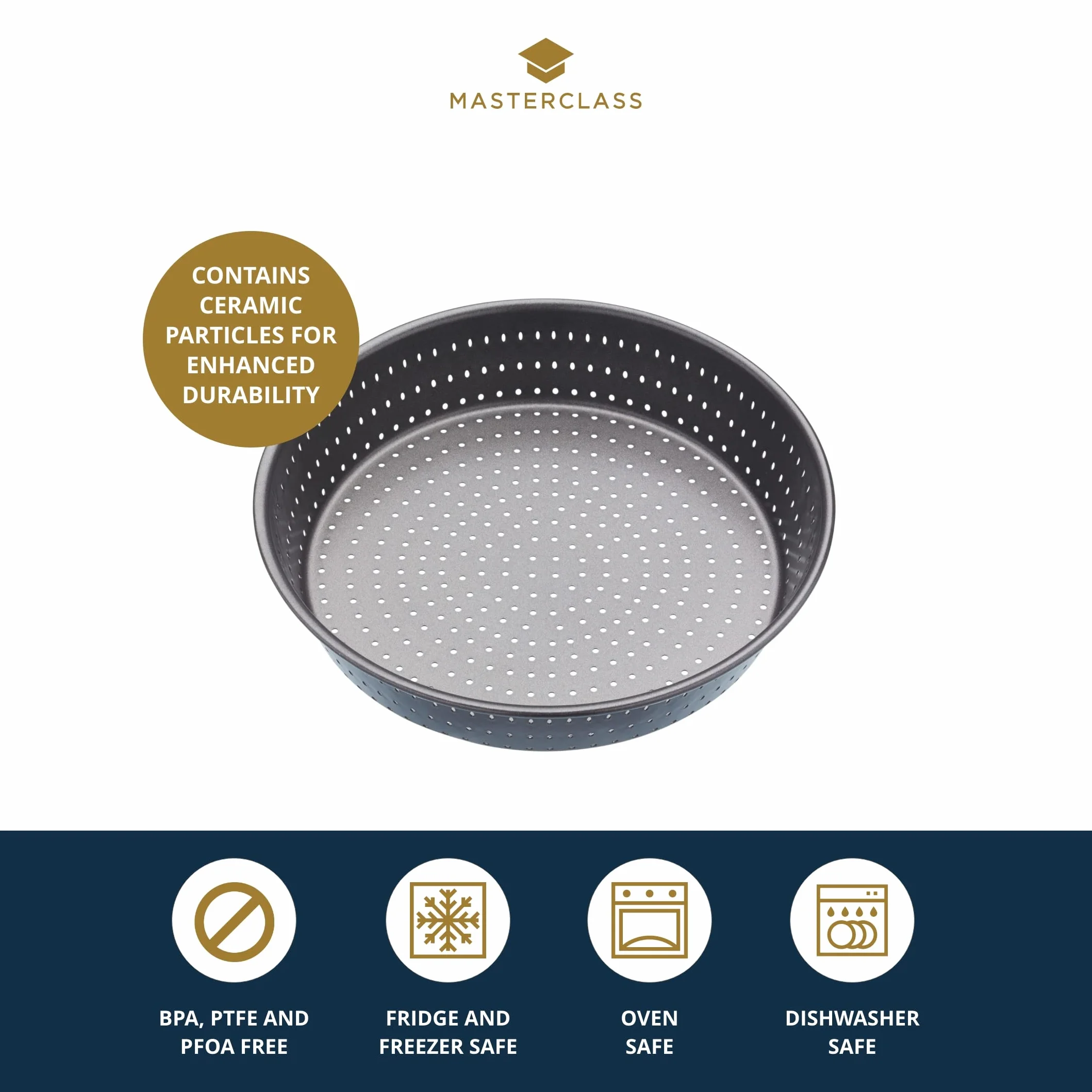 MasterClass Crusty Bake Plato perforado para tartas de 23 cm de profundidad sin PTFE, PFOA ni BPA, resistente acero al carbono de 1 mm de grosor, molde redondo de 9 pulgadas, gris