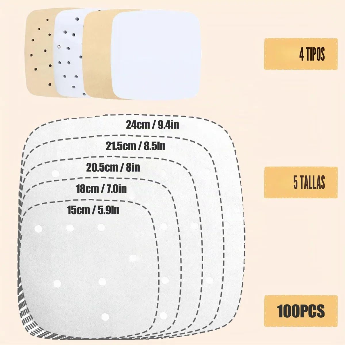 100 Piezas Papel Freidora Aire, 24cm, Antiadherentes, Impermeables, A Prueba de Aceite, Papel para Freidora de Aire Freidora de Aire, Horno Microondas, Horno, Cuadrado (Perforado Marrón)