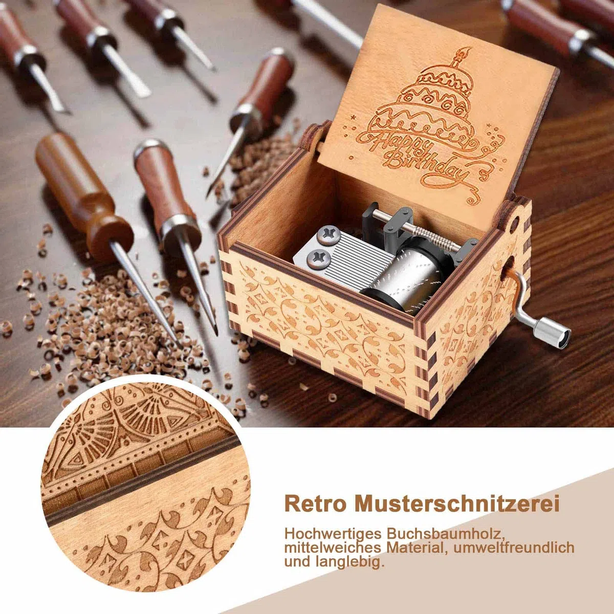 Caja de música con manivela de madera, tallada a mano, regalo de cumpleaños, Navidad, San Valentín, feliz cumpleaños
