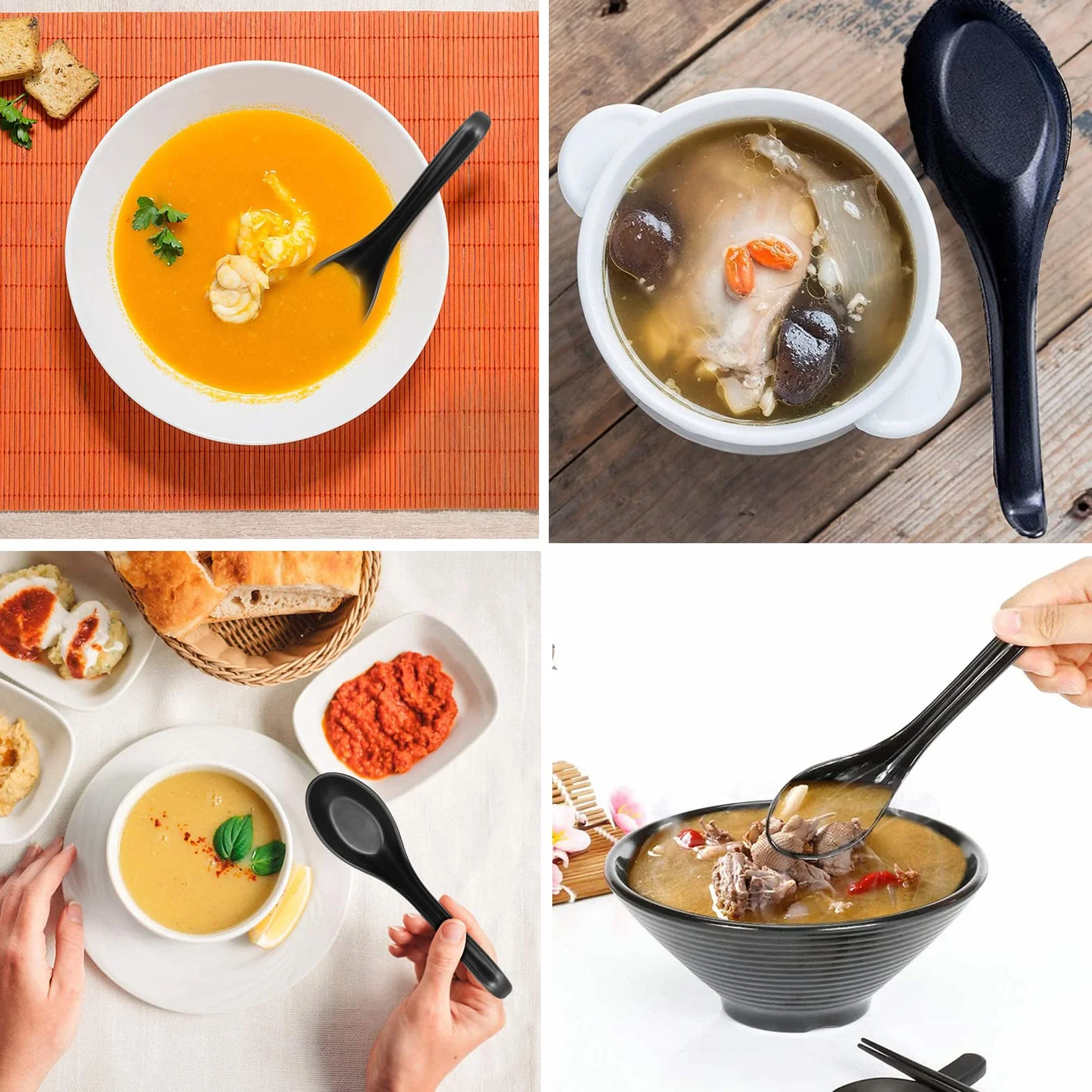 Cucharas de sopa de melamina (6 piezas, 16,5 cm, 6,5 pulgadas, cucharas de ramen japonesas, con mango largo y gancho, cuchara de fondo redondo para restaurante/cocina (blanco)