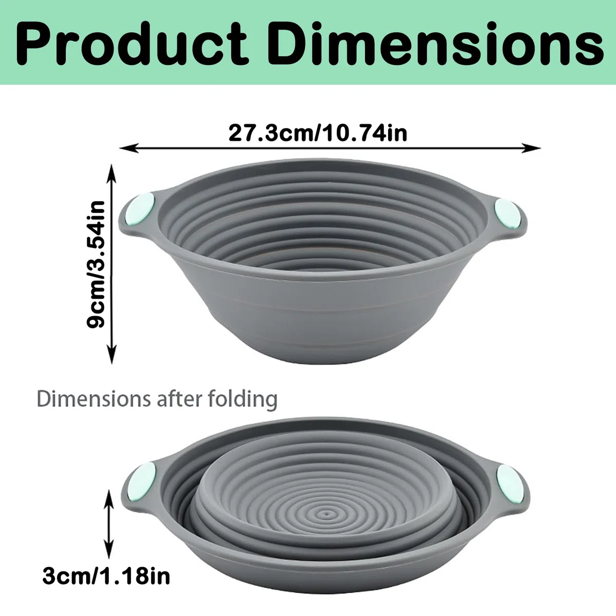 Cesta de fermentación redonda para pan, cesta de cocción de silicona, 23 cm, plegable, para invitados con asa, para principiantes y profesionales, pan perfecto, fácil de limpiar (gris)