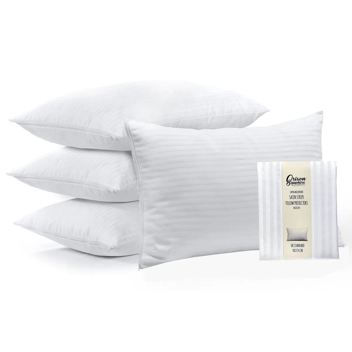 Juego de 4 protectores de almohada, 100% microfibra ultra suave raso rayas fundas de almohada, transpirable y con cremallera,Tamaño estándar del Reino Unido 48x74 cm
