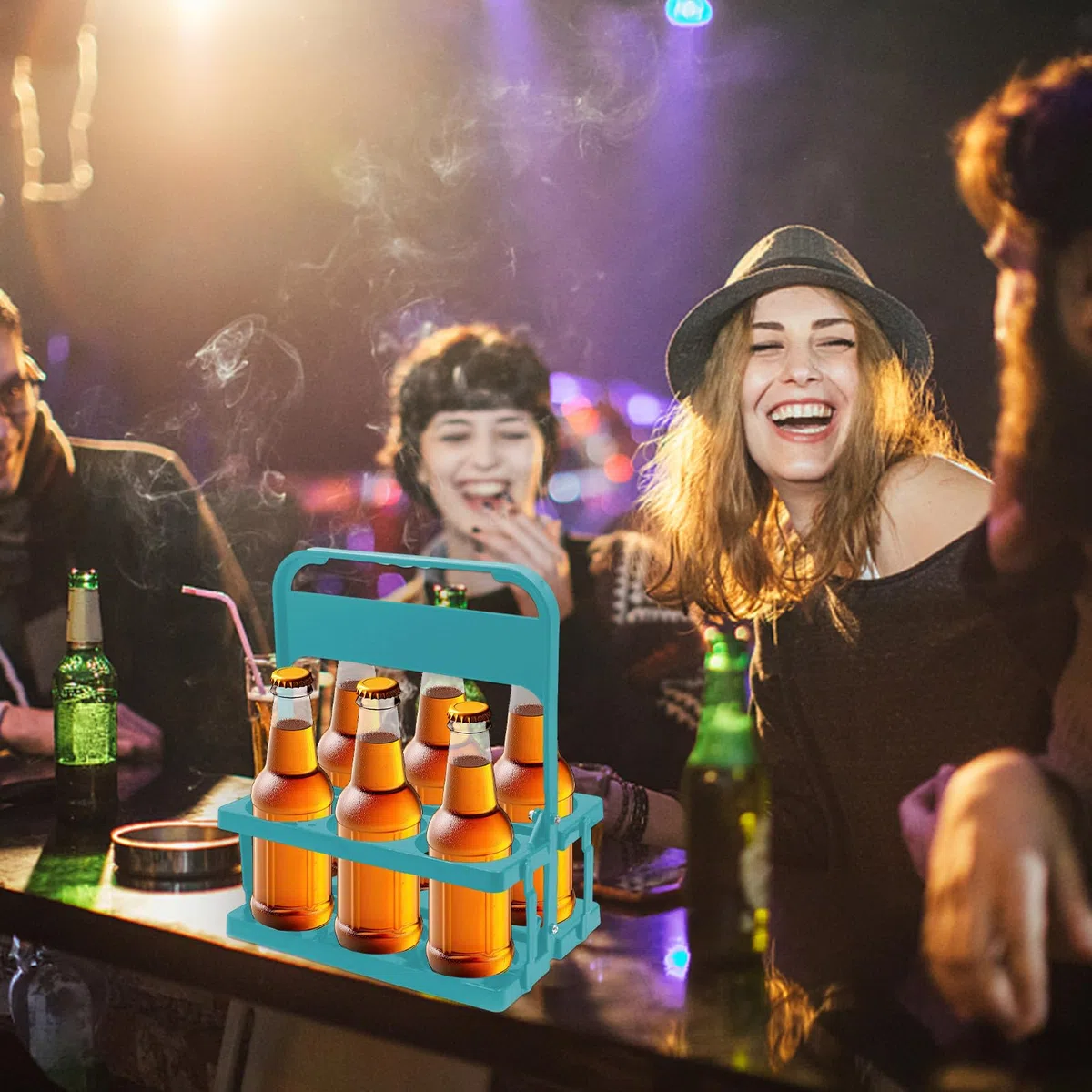 Portabebidas - Soporte para botellas de 6 agujeros | Portabotellas de cerveza, expositor de bebidas, con asa, organizador de leche, organizador de botellas de vino para restaurantes y bar