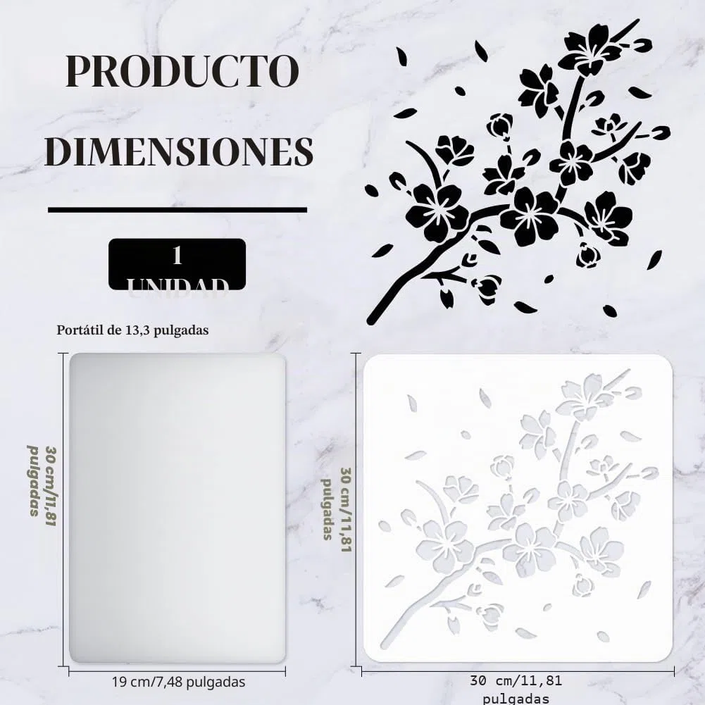 FINGERINSPIRE- Plantilla cuadrada de plástico con flores de cerezo, reutilizable y apta para hacer manualidades en paredes, madera, suelos, ropa, muebles y mucho más (30 x 30 cm)