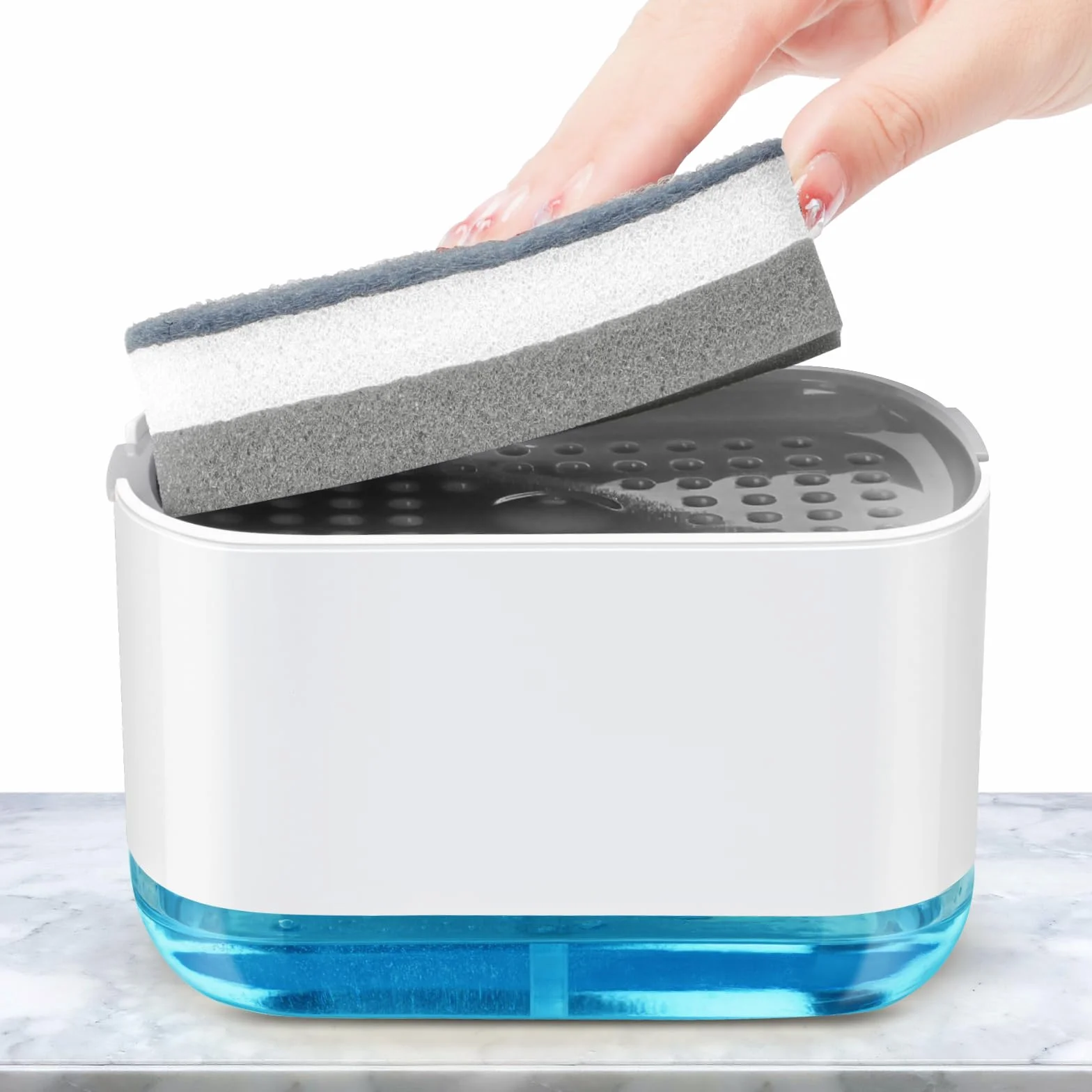 Alyvisun Dispensador Jabon Cocina con Soporte de Esponja, Dispensador de Jabón de Cocina 2 en 1, 300ml Jabonera Cocina Dosificador Dispensador de Jabón Dispensador Manual para Cocina Fregadero