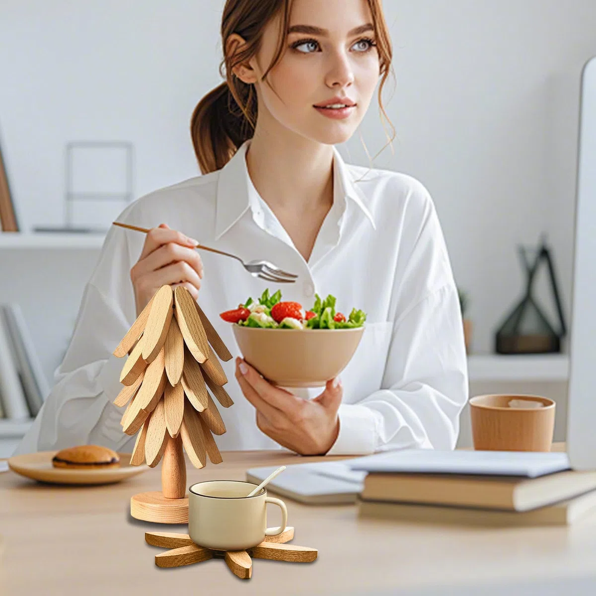Juego De Salvamanteles De Árbol De Madera | Salvamanteles De Árbol De Navidad Natural con 4 Salvamantele-s De Madera Y 1 Soporte como Decoración De Mostrador De Cocina De Árboles De Navidad