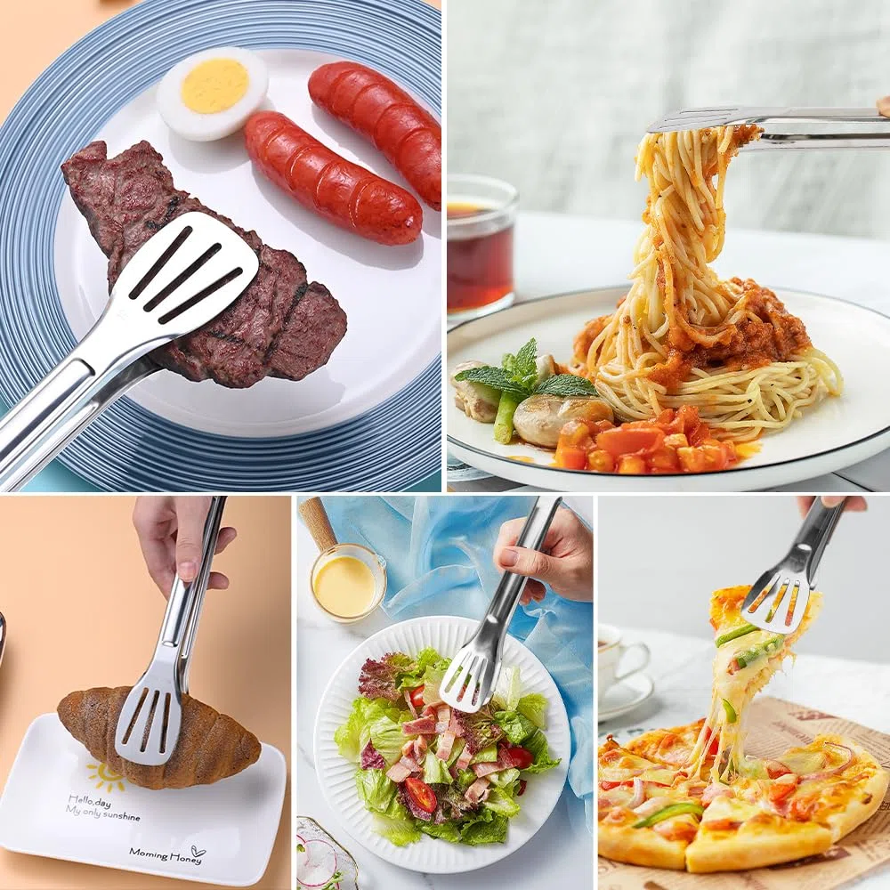 3 Piezas Pinzas de Cocina Multifuncional de Acero Inoxidable, 7 Pulgadas Metalicas Pinzas de Barbacoa, Pinzas para Ensalada Carne, Pinzas de Alimentos de Servir para Cocinar, Asar, Buffet, Bistec, Pan