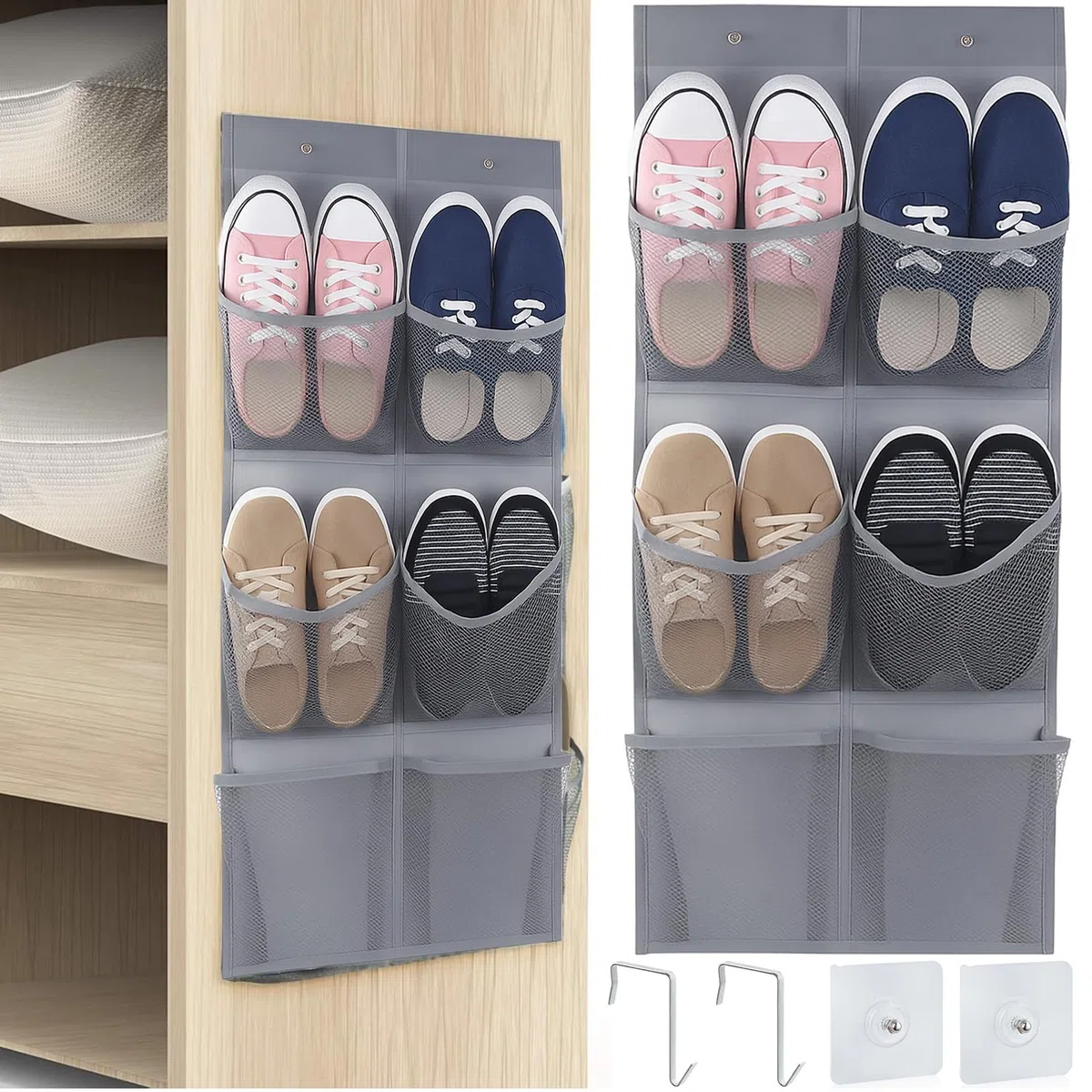 Zapatero de Puerta con 6 Bolsillos y Dos Ganchos Sin Dejar Rastro Zapatero Puerta con Bolsas de Malla para montar en la Pared Ahorra Espacio para Autocaravanas Armarios y Salas de Estar (Gris)