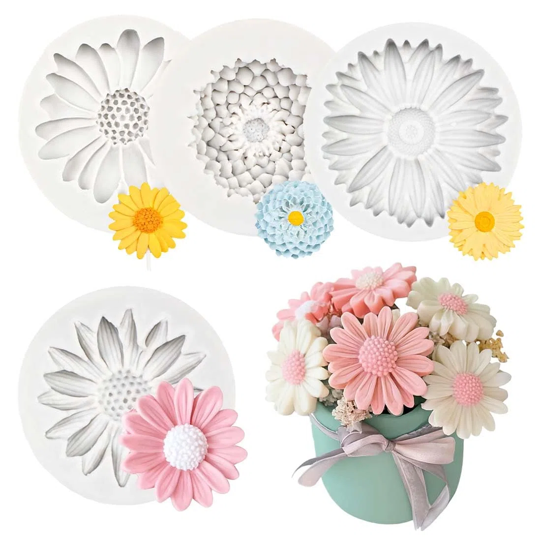 4 moldes de silicona, moldes de flores de girasol, margaritas y flores, moldes de silicona para velas 3D, moldes de fundición para velas, fabricación de jabón, moldes de flores para fundir