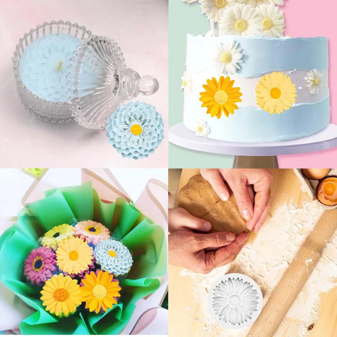 4 moldes de silicona, moldes de flores de girasol, margaritas y flores, moldes de silicona para velas 3D, moldes de fundición para velas, fabricación de jabón, moldes de flores para fundir