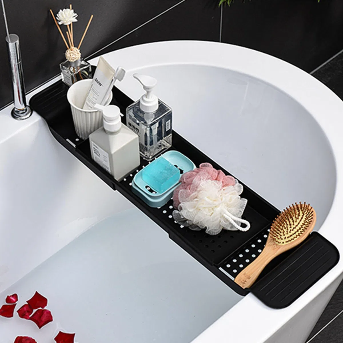 Bandeja de baño, bandejas de baño para Todo el baño, Organizador de bañera Ajustable, Bandeja de Almacenamiento sobre la bañera, Bandeja de bañera, Organizador de baño/Negro para Vino, Taza,