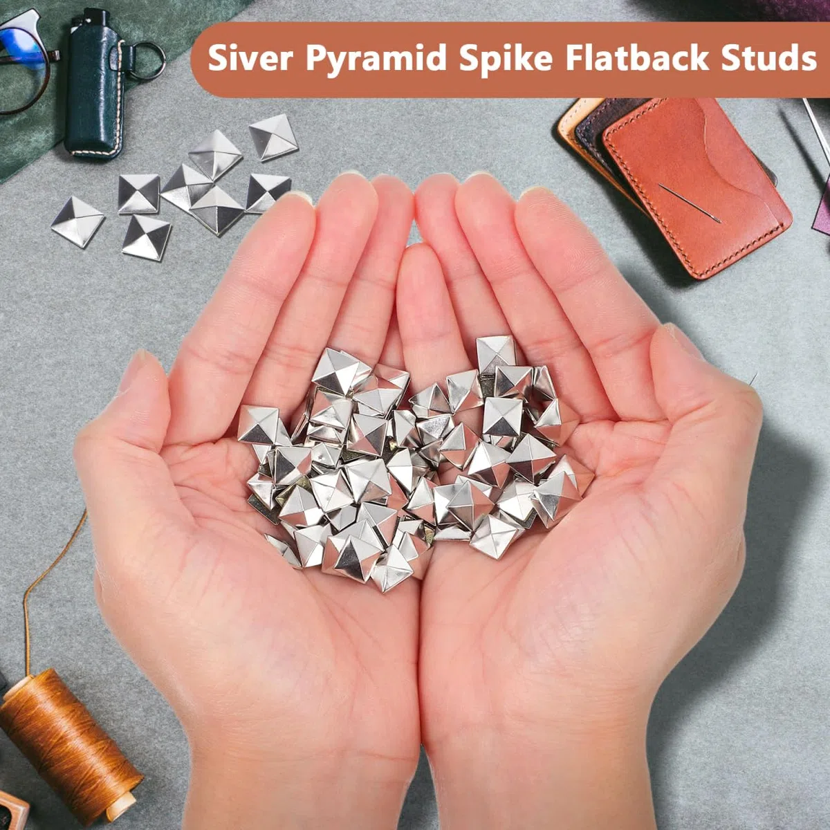 Healifty 100 tachuelas de cobre con parte trasera plana, tachuelas de cuero con parte trasera plana, tachuelas de pegamento para bolsas de manualidades, plata y plata, aretes de pirámide cuadrados