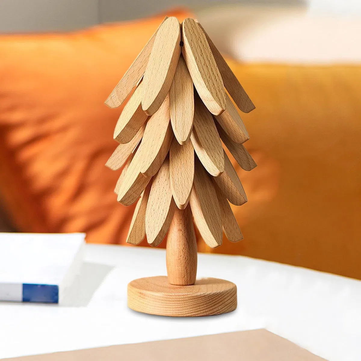Juego De Salvamanteles De Árbol De Madera | Salvamanteles De Árbol De Navidad Natural con 4 Salvamantele-s De Madera Y 1 Soporte como Decoración De Mostrador De Cocina De Árboles De Navidad