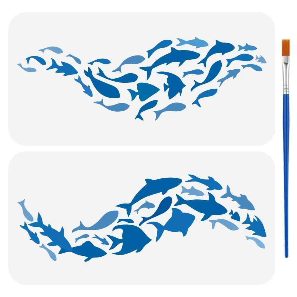 FINGERINSPIRE 2 piezas de peces para colorear con pincel, 15 x 30 cm, siluetas de peces, modelo para colorear, con motivo de animales marinos, varios stencils