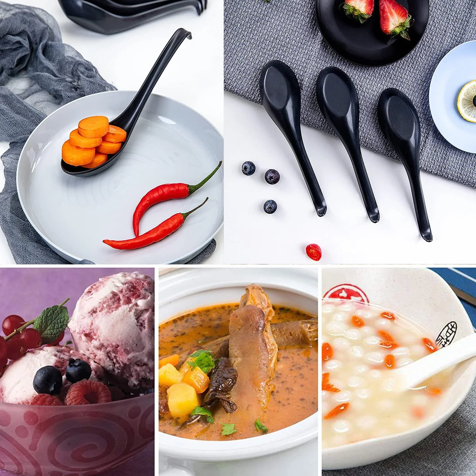 Cucharas de sopa de melamina (6 piezas, 16,5 cm, 6,5 pulgadas, cucharas de ramen japonesas, con mango largo y gancho, cuchara de fondo redondo para restaurante/cocina (blanco)