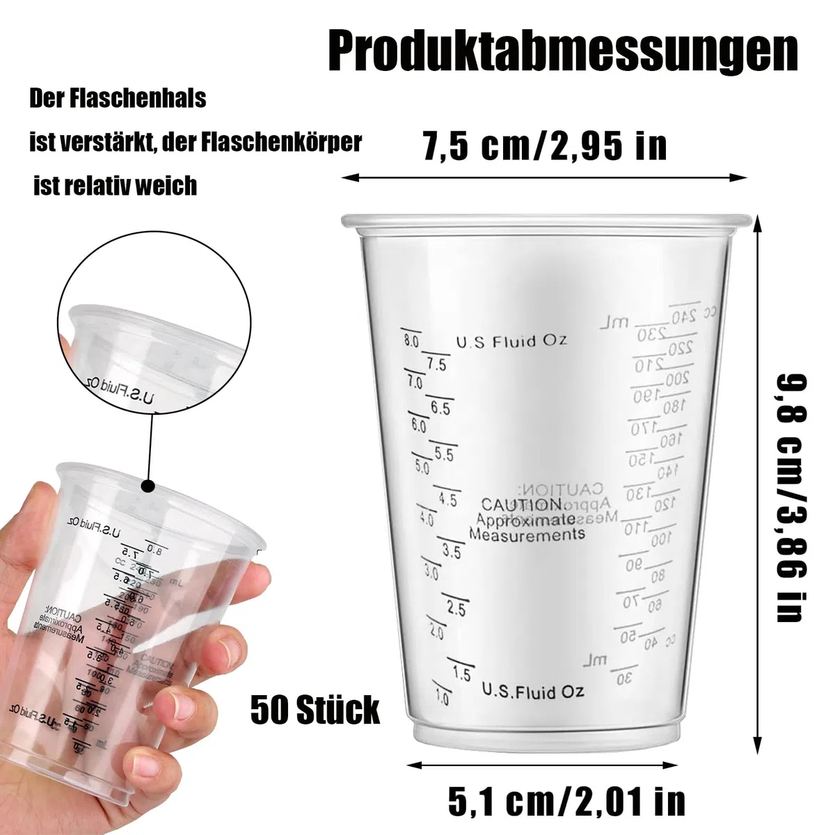 Vasos Medidores de 240 ml, Vasos Mezcladores de Resina Epoxi, 50 Vasos Medidores de 240 ml, para Mezclar para Líquidos, Reutilizable Mezclar Resina, Pintura, Pigmentos,con 50 Palillos Mezcladores