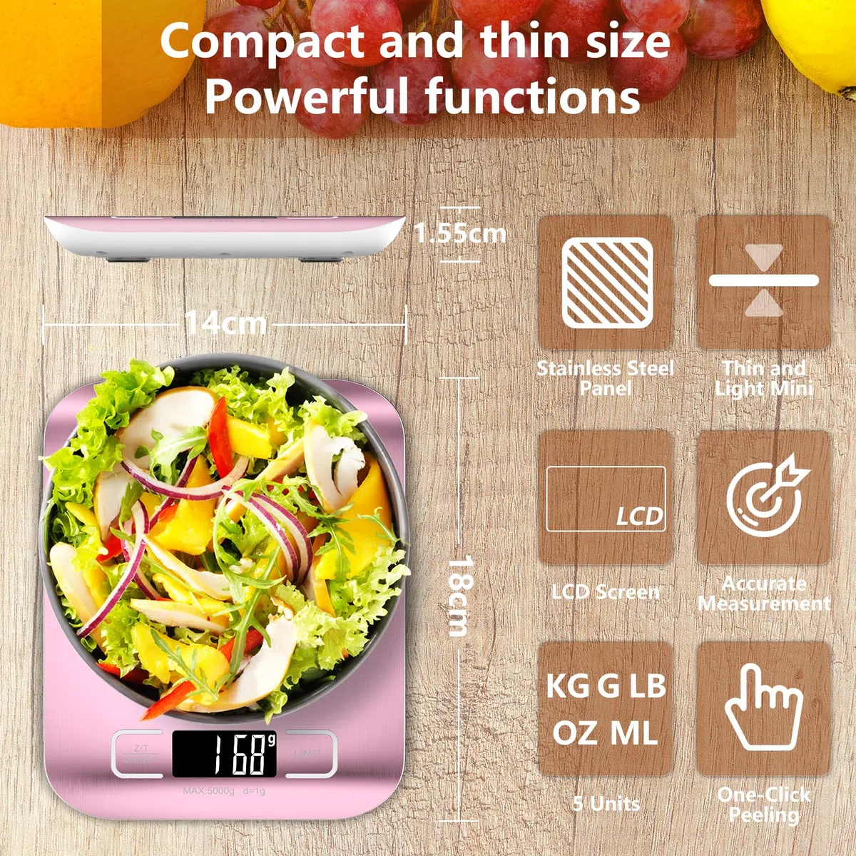 GeeRic Báscula de Cocina Digital de Acero Inoxidable,Balanza de Alimentos Multifuncional 22 lb/10 kg,Peso Cocina con Pantalla LCD 2 Baterías Incluidas para cocinar, hornear(oro rosa)