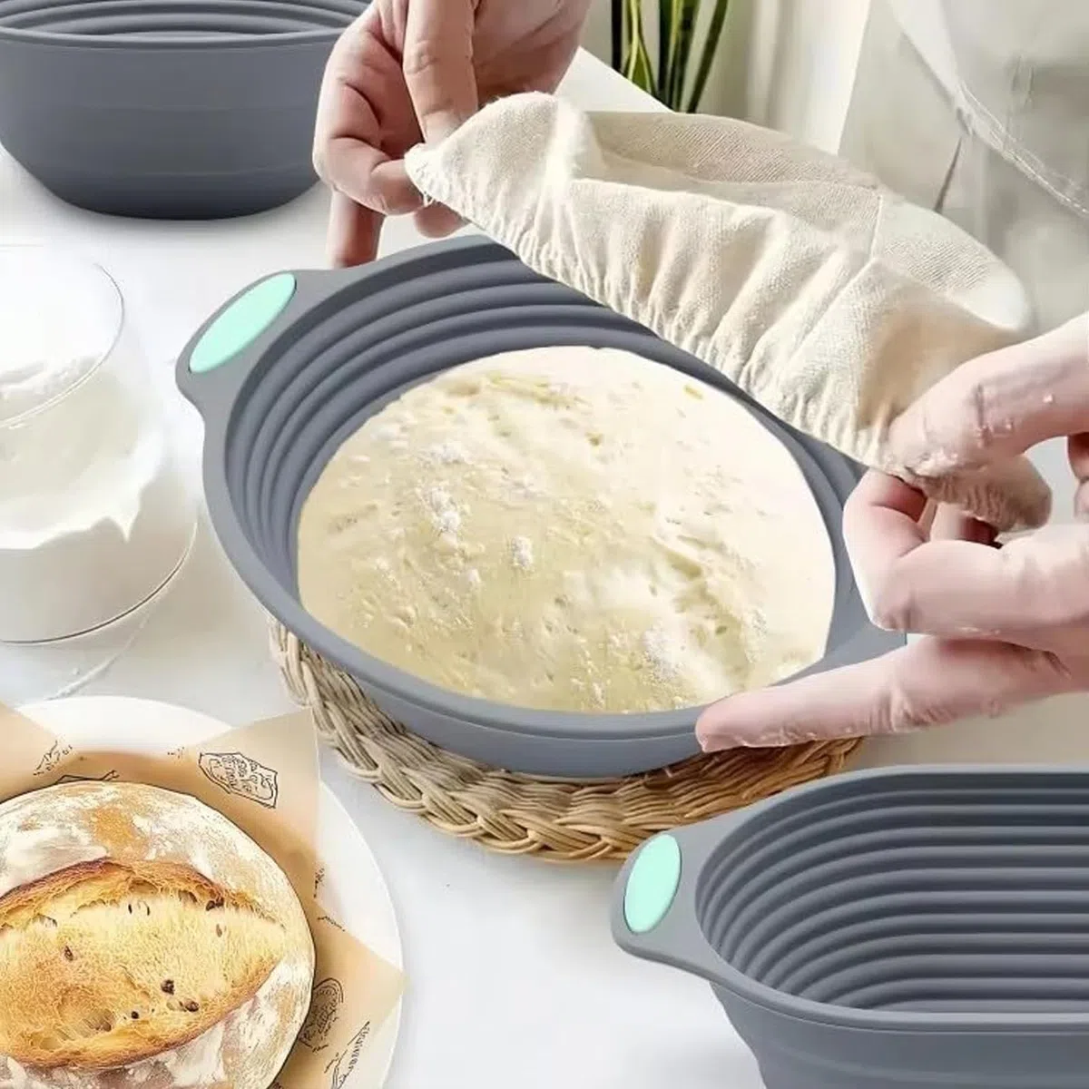 Cesta de fermentación redonda para pan, cesta de cocción de silicona, 23 cm, plegable, para invitados con asa, para principiantes y profesionales, pan perfecto, fácil de limpiar (gris)