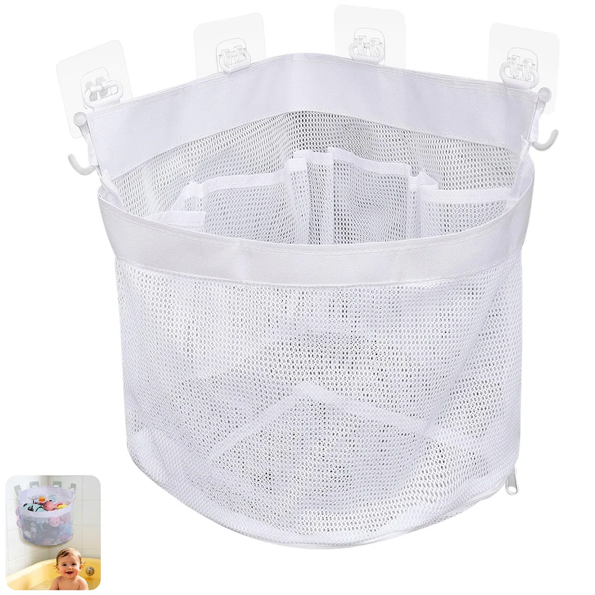 Bolsa Juguetes Bañera de Gran Capacidad 13.7L, Organizador Juguetes Baño con Compartimentos, Red de Malla Secado Rápido para Almacenamiento Juguetes Niños y Bebés, Blanco
