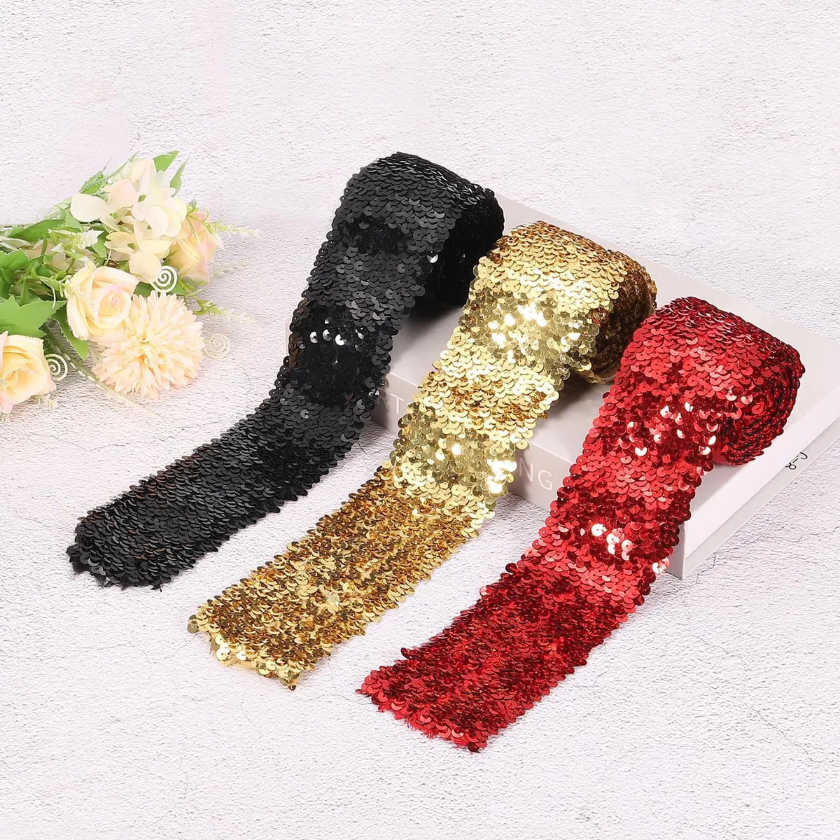 QUARKZMAN 2.2 Yardas 2 Pulgadas Tira Elástica De Lentejuelas 5 Hileras Tira Plana De Lentejuelas Cinta De Tela De Lentejuelas Para Manualidades DIY Costura Con Flecos De Lentejuelas Negro