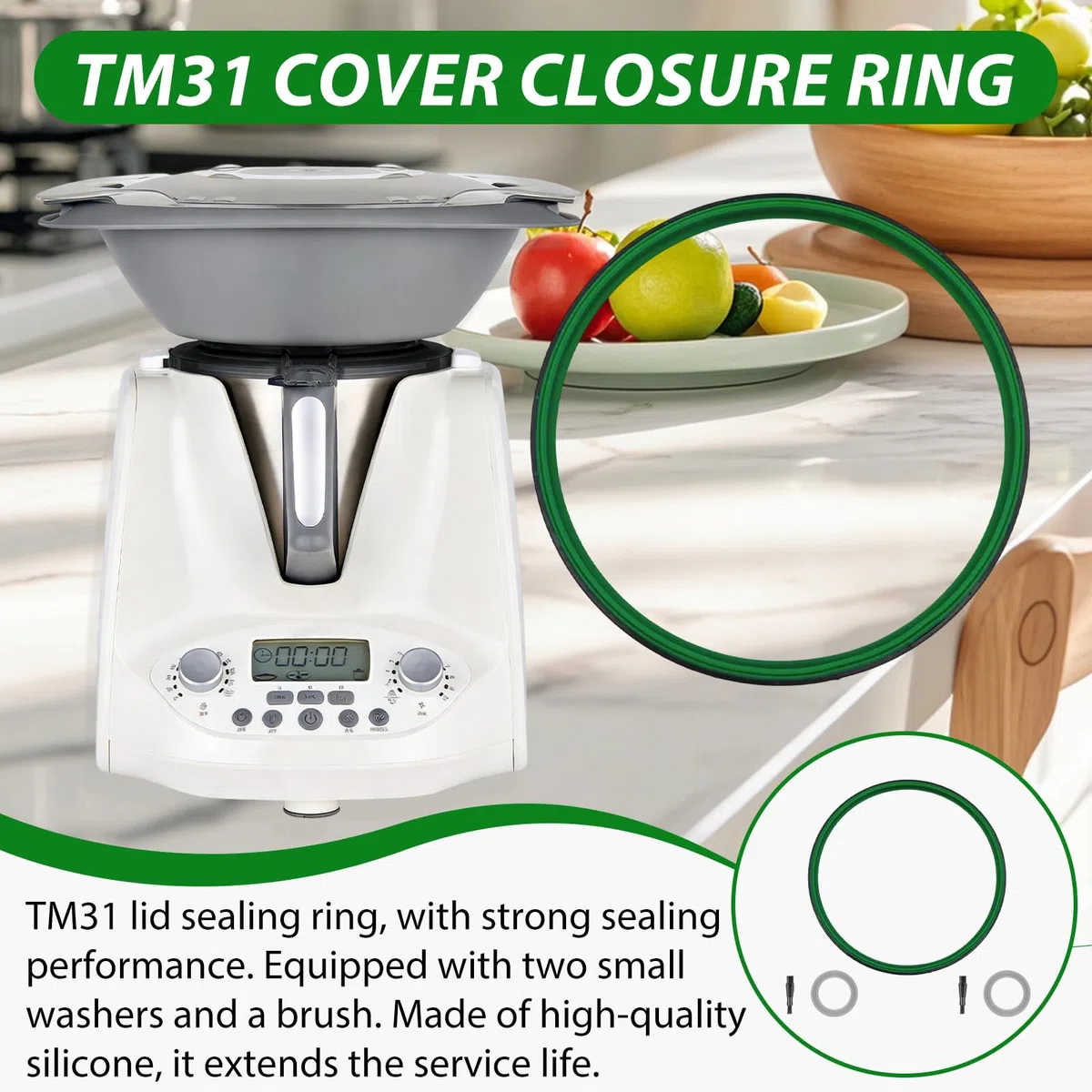 Junta de Tapa de Bol compatible con Thermomix TM31 Robot de Cocina Accesorio, Junta de Silicona compatible con Thermomix Vorwerk TM31, 1 Juntas de Tapa, 2 Juntas de Cuchillos y 1 Cepillo de limpieza