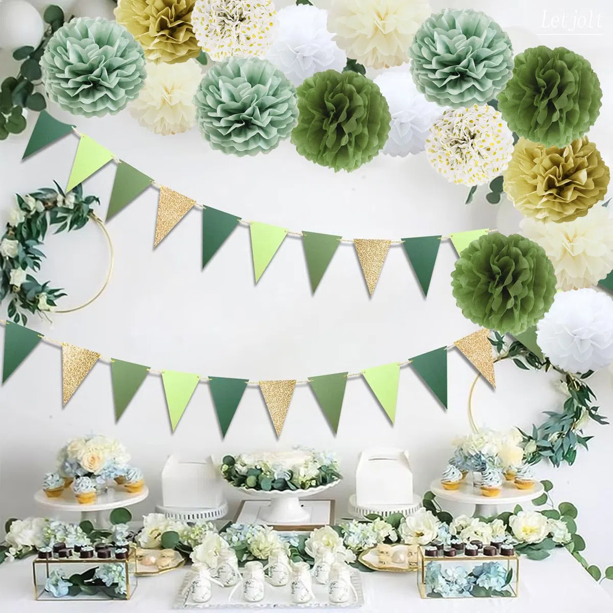 TYXHXTF 16Pcs Pompones de Papel Verde Salvia, Pompons Papier de Soie, Banderitas Decorativas, Flores de Papel Decoracion para Boda, Bautizo Niña Niño, Fête d'Anniversaire