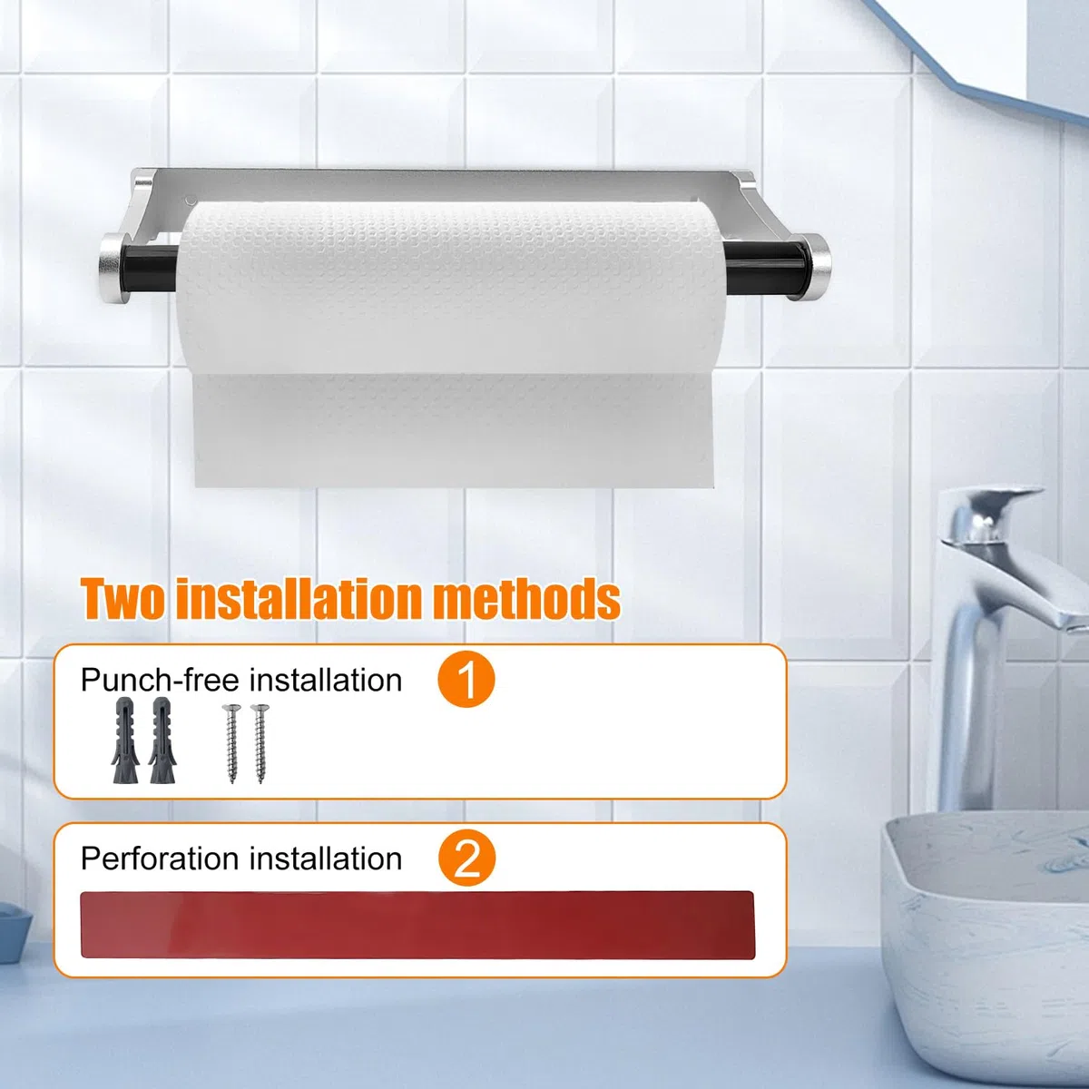 Portarrollos Papel Cocina, Soporte Papel Cocina Aleación de Aluminio, Ambos Disponibles en Adhesivo y perforación, Porta Rollos de Papel Cocina para Cocina, Baño, Salón