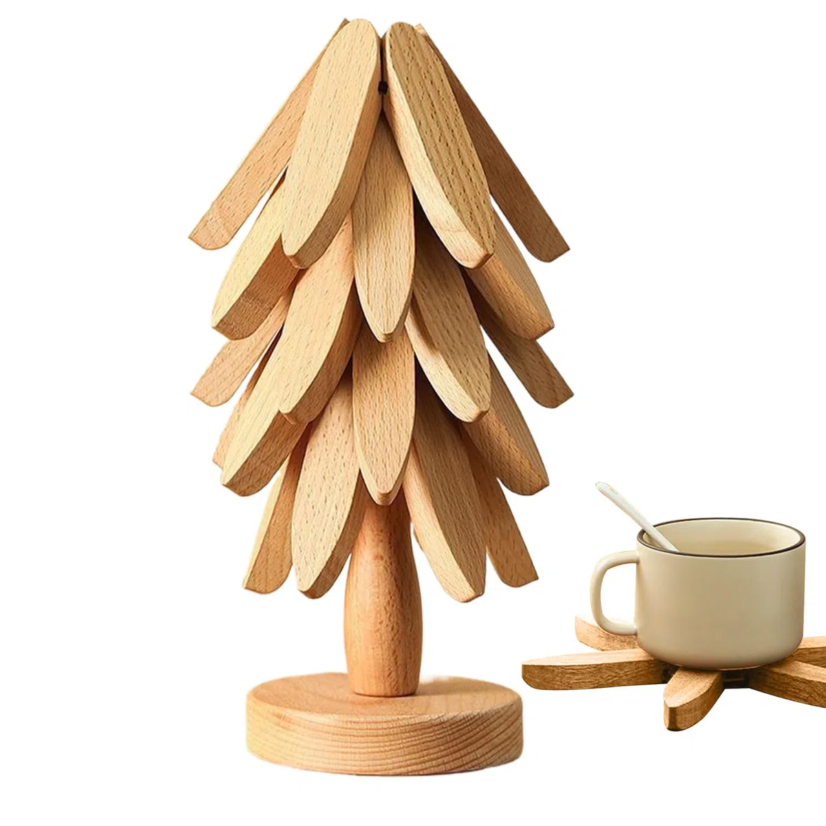 Juego De Salvamanteles De Árbol De Madera | Salvamanteles De Árbol De Navidad Natural con 4 Salvamantele-s De Madera Y 1 Soporte como Decoración De Mostrador De Cocina De Árboles De Navidad