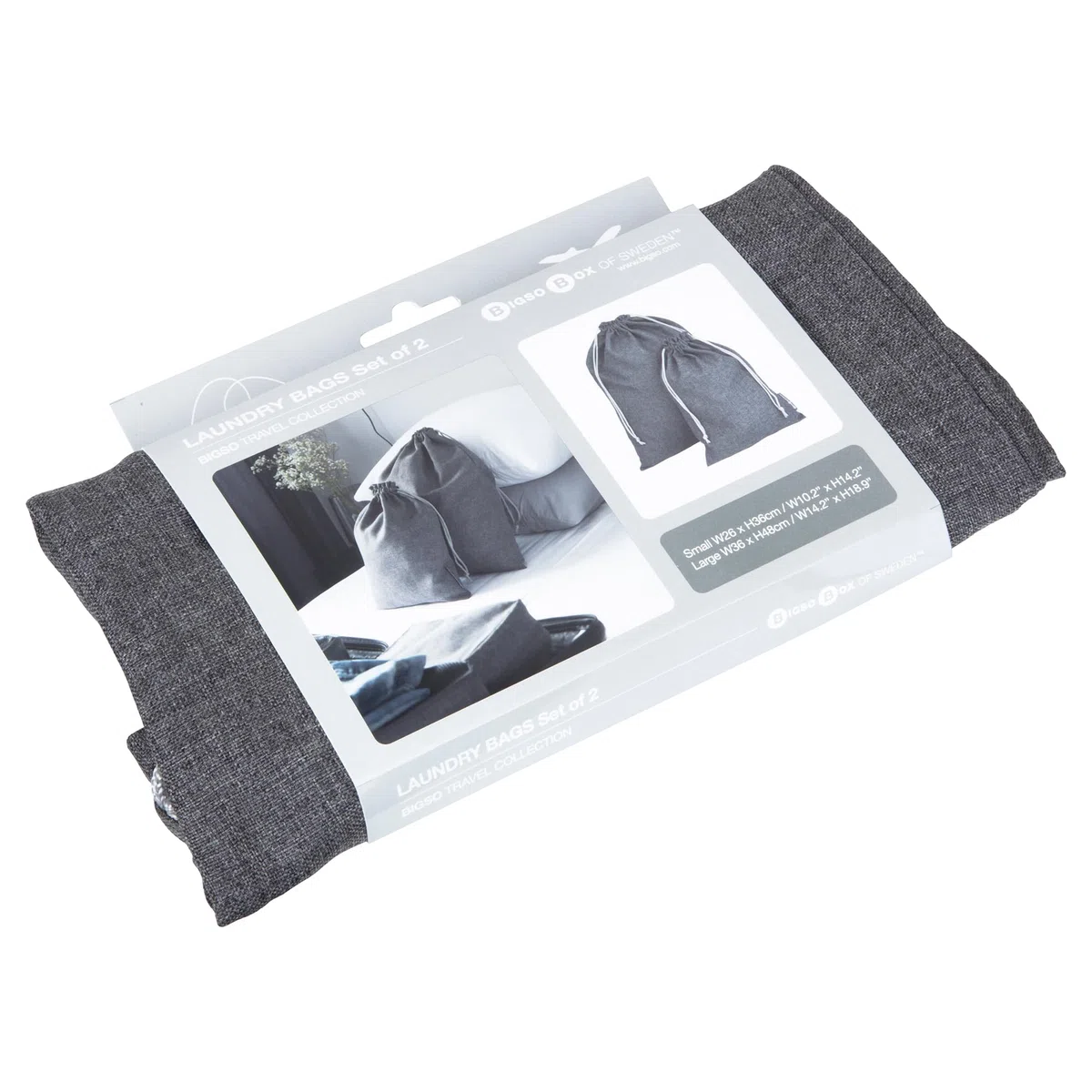 Bigso Box of Sweden Juego de dos 2 bolsas para ropa – Bolsa de viaje de poliéster para la maleta –Ligero saco de tela para guardar ropa sucia, zapatos, etc. – gris
