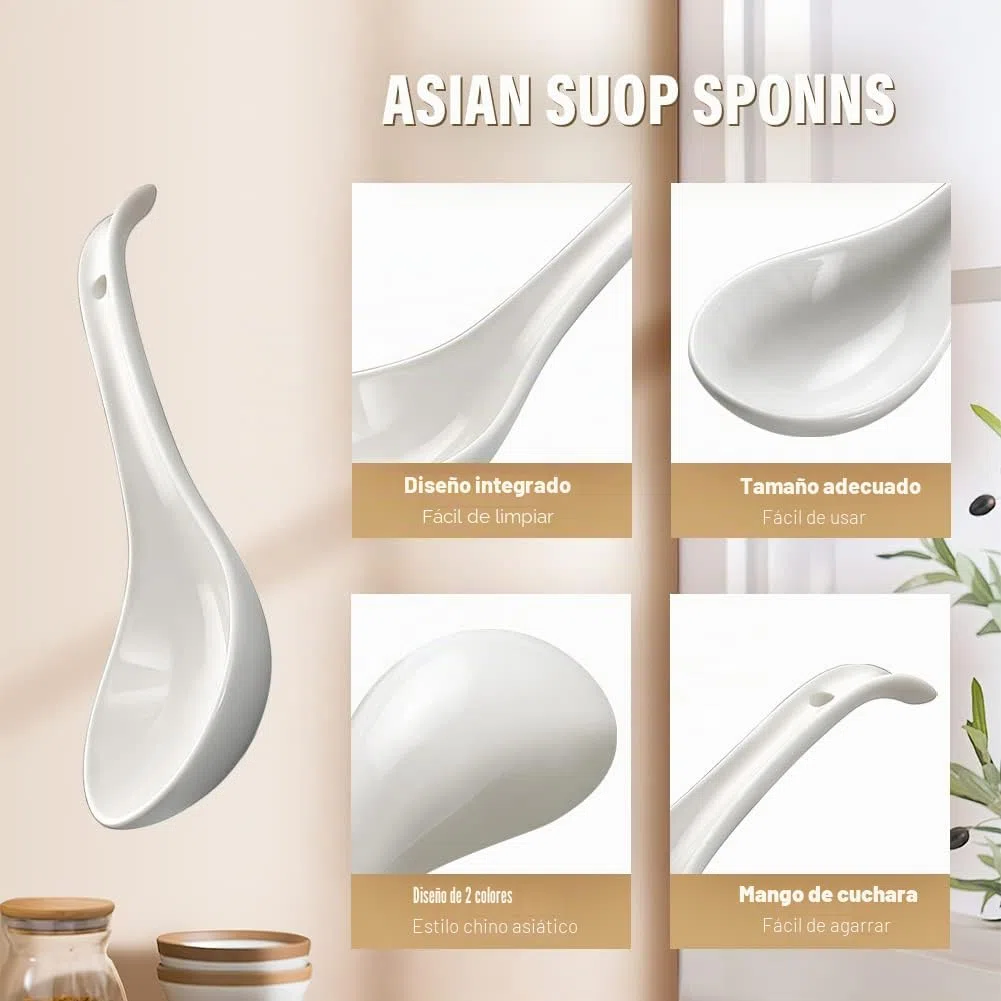AOOSY cucharas de sopa, 6.75 pulgadas de cerámica cucharas de sopa china, cucharas de sopa asiática, blanco brillante cuchara japonesa grande para Ramen Pho Cereal, Juego de 6 (Blanco)