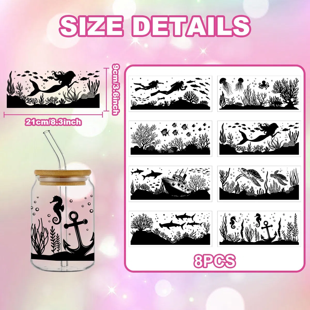 GLOBLELAND 8 hoja pegatinas de la Taza de la Silueta de Animales del Océano de Verano Pegatinas de Tiburón Medusa Pegatinas de Pared de Silueta de Plástico Pegatinas Adhesivos Tarro de Linterna