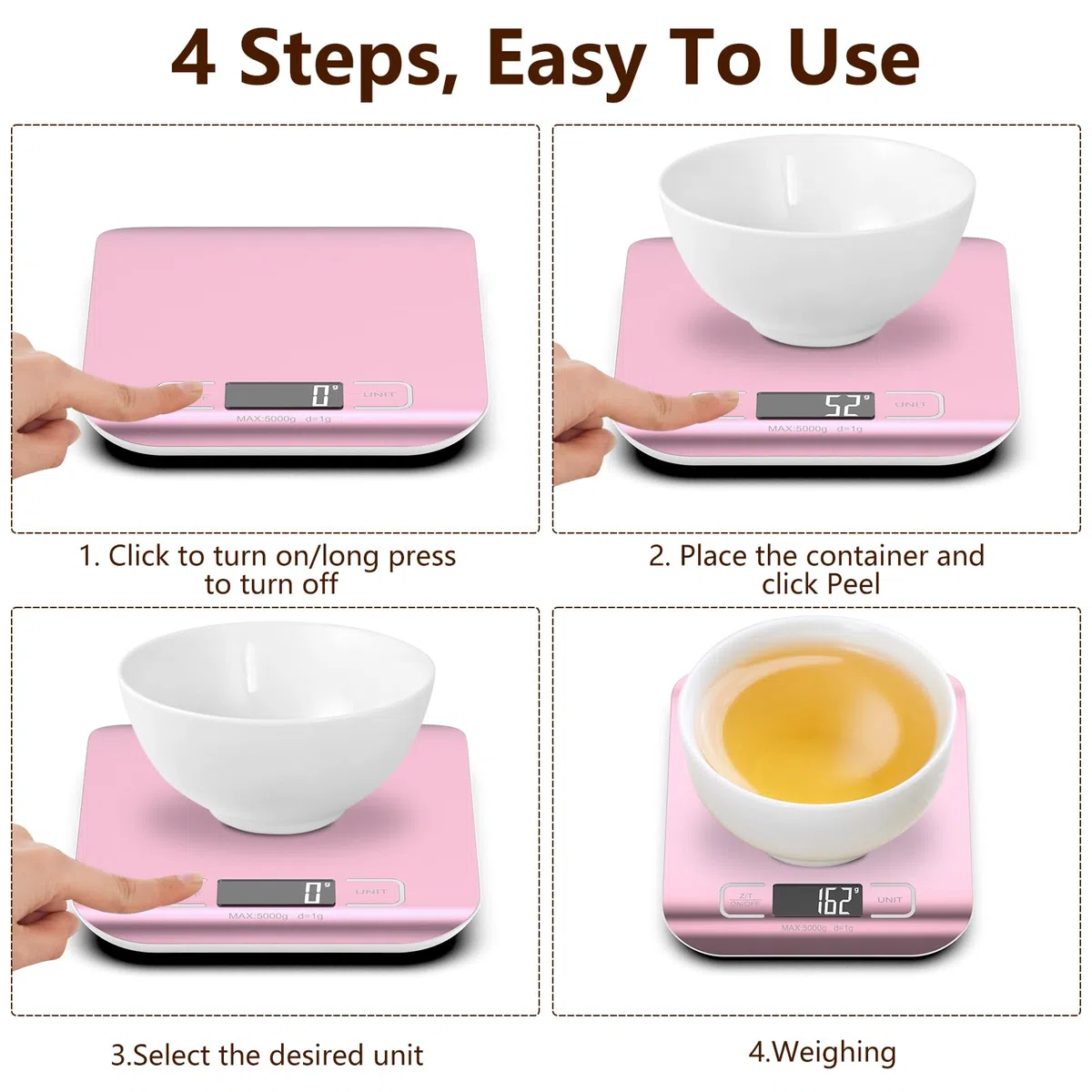 GeeRic Báscula de Cocina Digital de Acero Inoxidable,Balanza de Alimentos Multifuncional 22 lb/10 kg,Peso Cocina con Pantalla LCD 2 Baterías Incluidas para cocinar, hornear(oro rosa)
